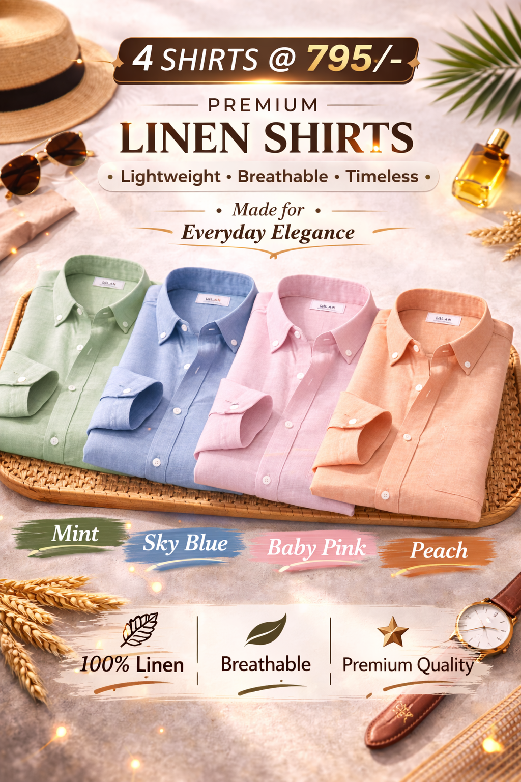 Combo Set 6 Linen Shirts Combo Pack (4 Shirts)